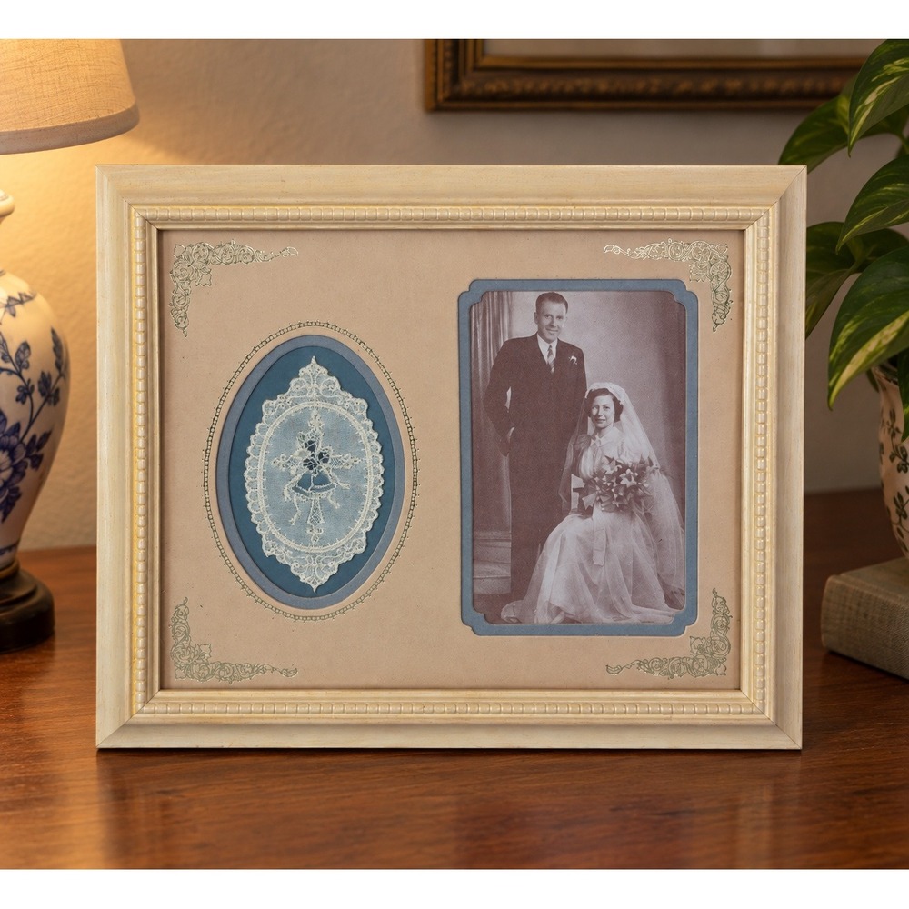 Crossoak Industries Double Photo Frame Wedding Anniversary 12.5x10.5 Cream Lace